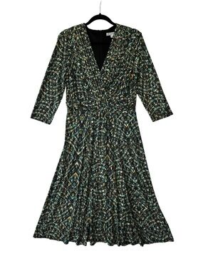 Danny & Nicole Teal and Gold Patterned V‑Neck Midi Dress